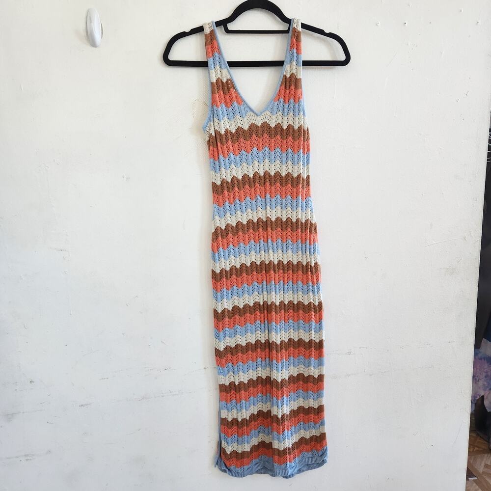 Rip Curl Sz XS Santorini Loose Knit Striped Coral Blue Brown Bodycon Dress Boho - Picture 2 of 10